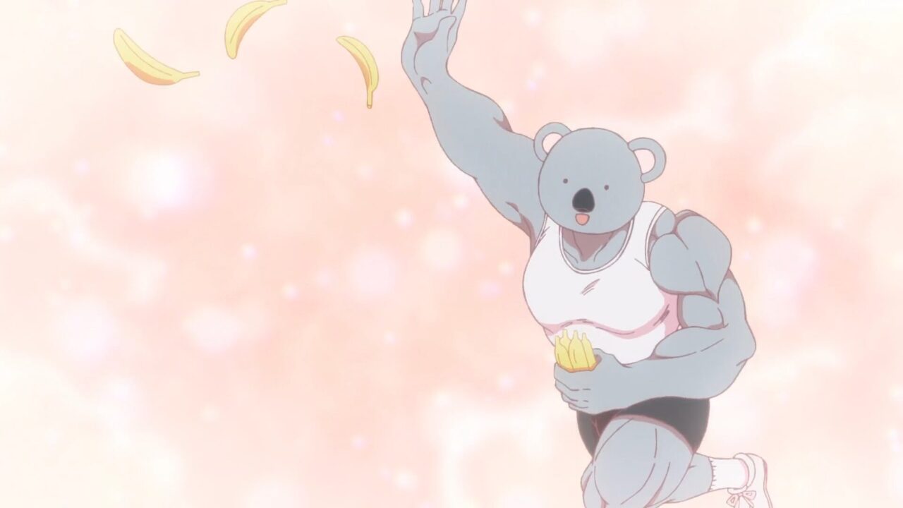 ムキムキのコアラが投げるバナナを、台に乗ってキャッチする